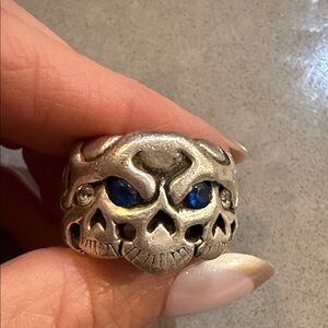 Travis Walker double cross Silver Skull Ring with sapphire  Accents